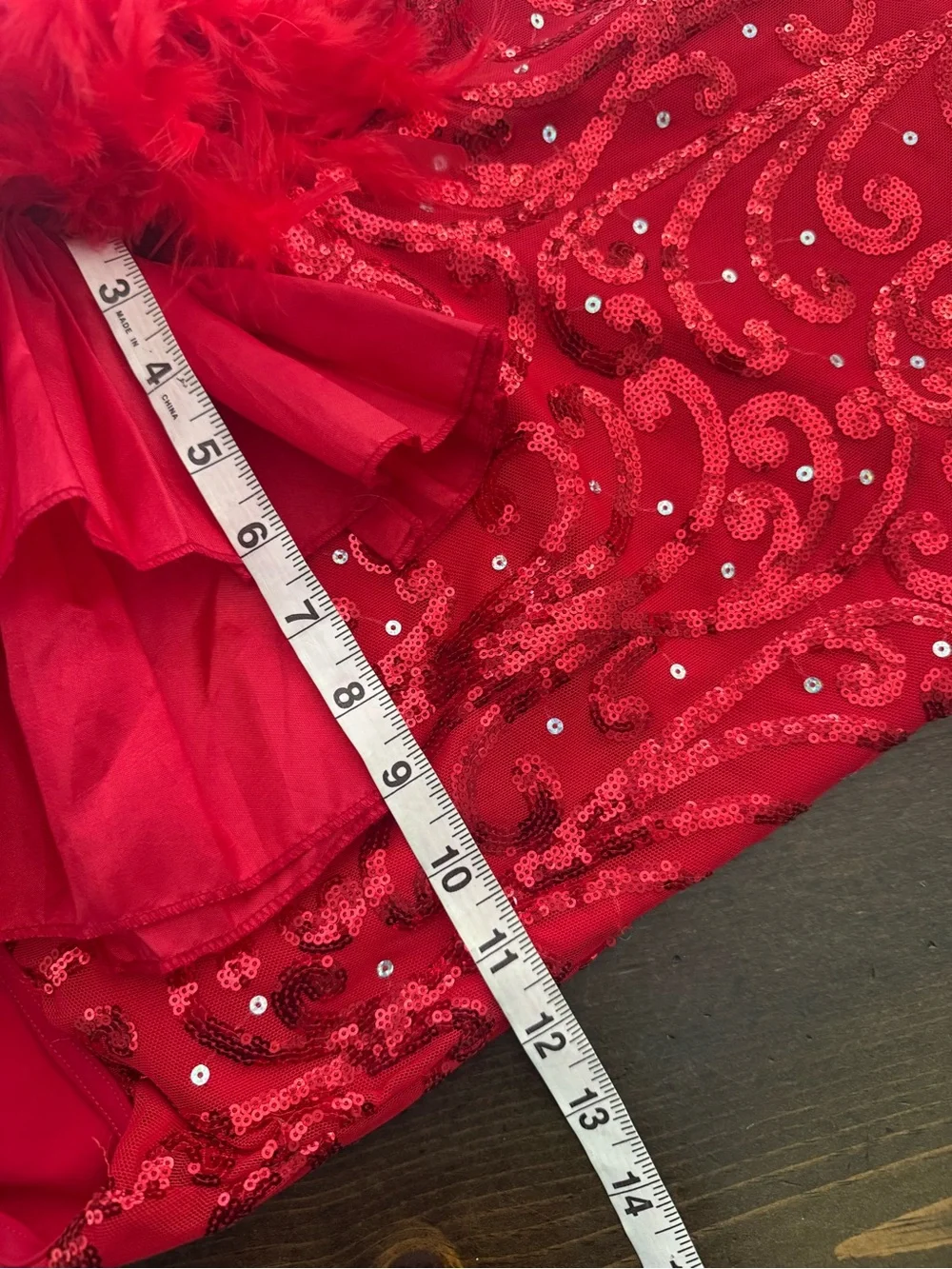 Weissman Red Sequin Ruffle Dance Costume with Feather Accent